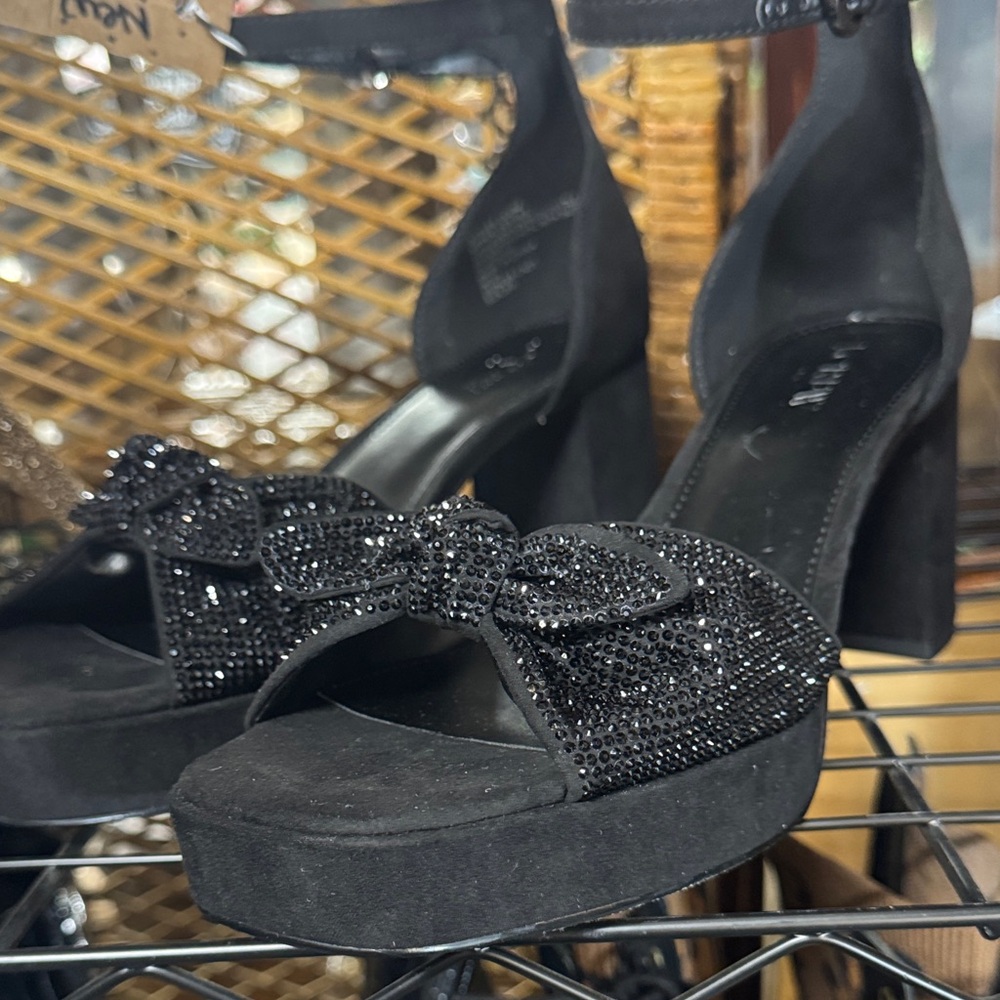 J. Crew Black Platform Sandals with Rhinestone Bow